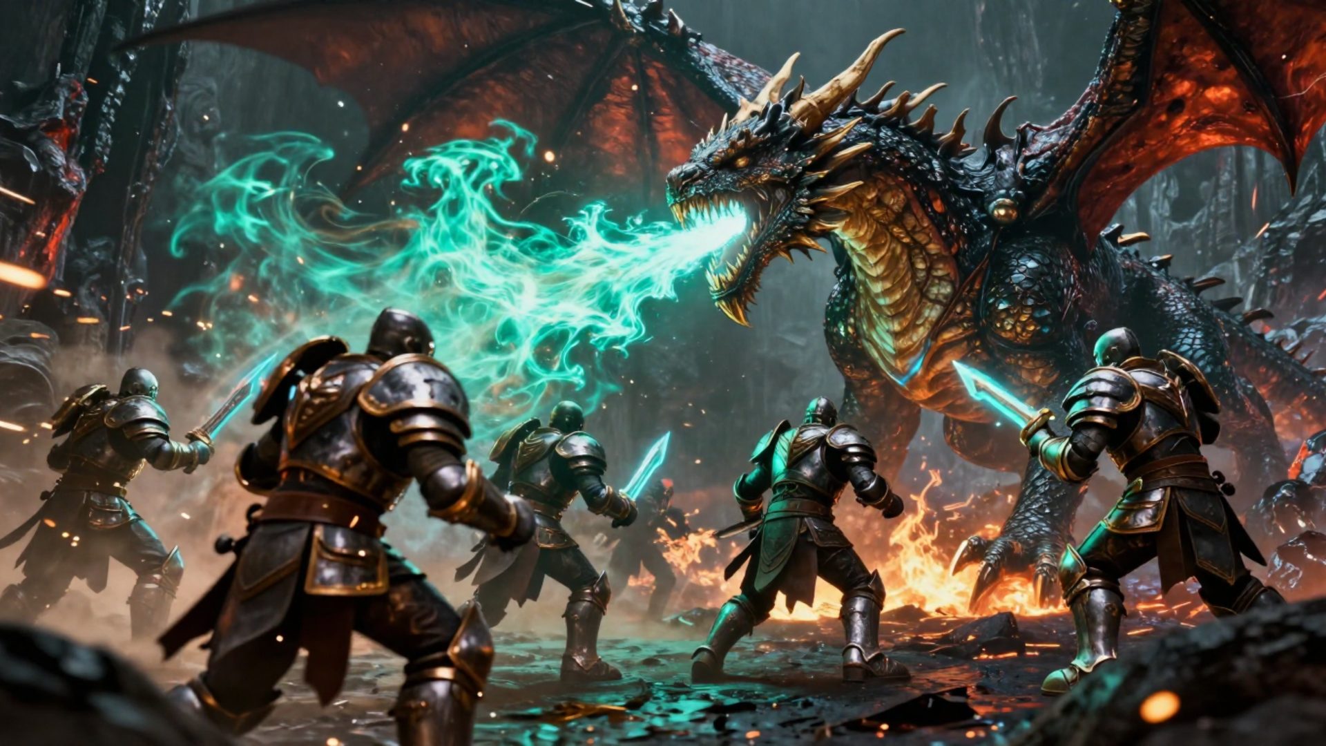 Raid group fighting a dragon