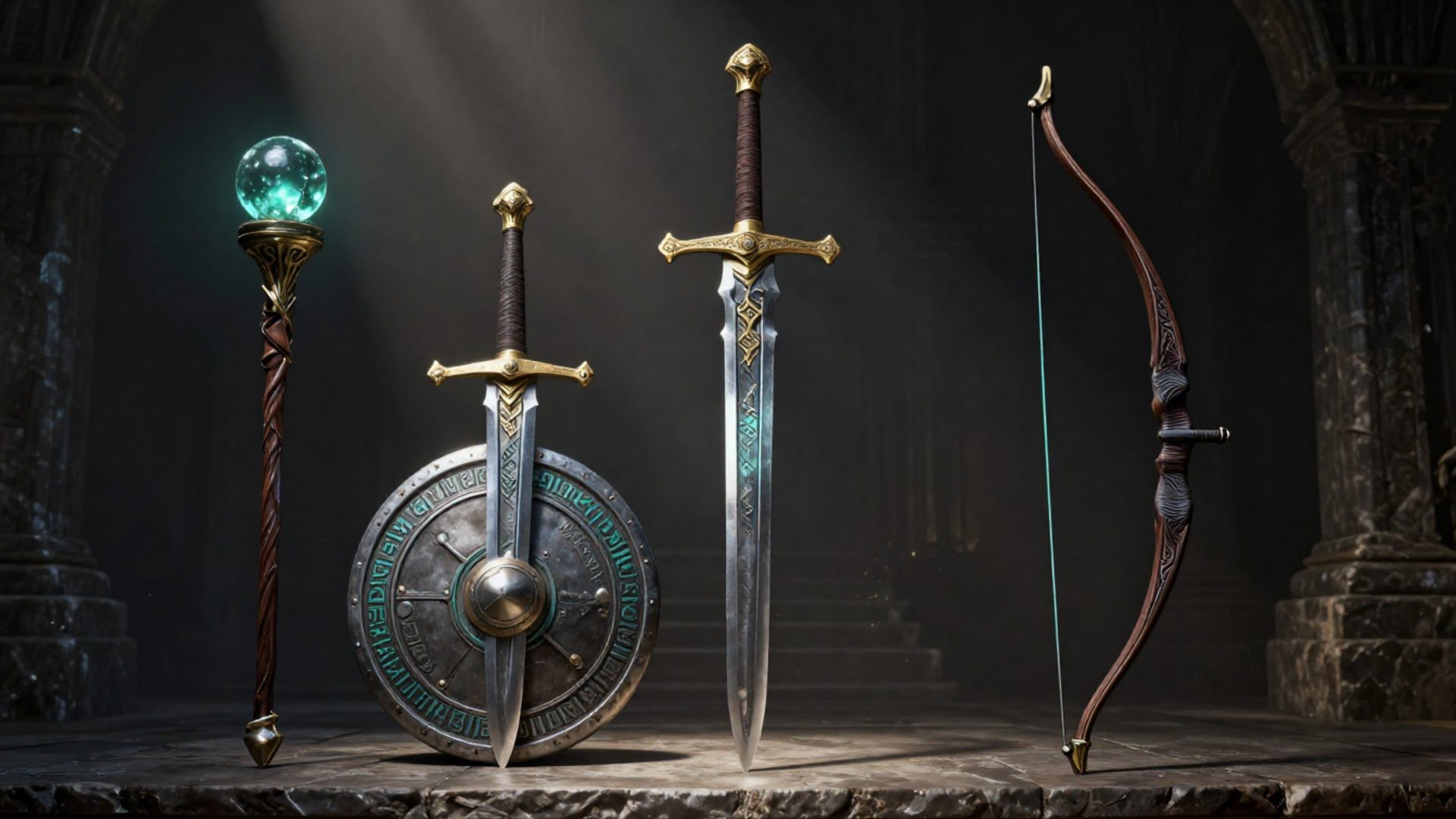 Staff, shield, sword and bow